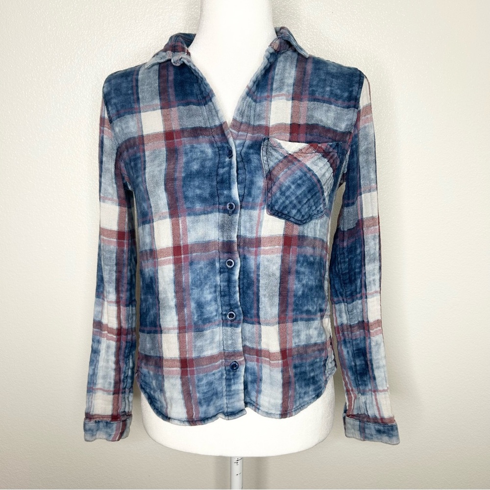 Bella Dahl Womens Blue Red Plaid Acid Wash Button Down Long Sleeve Shirt Size XS